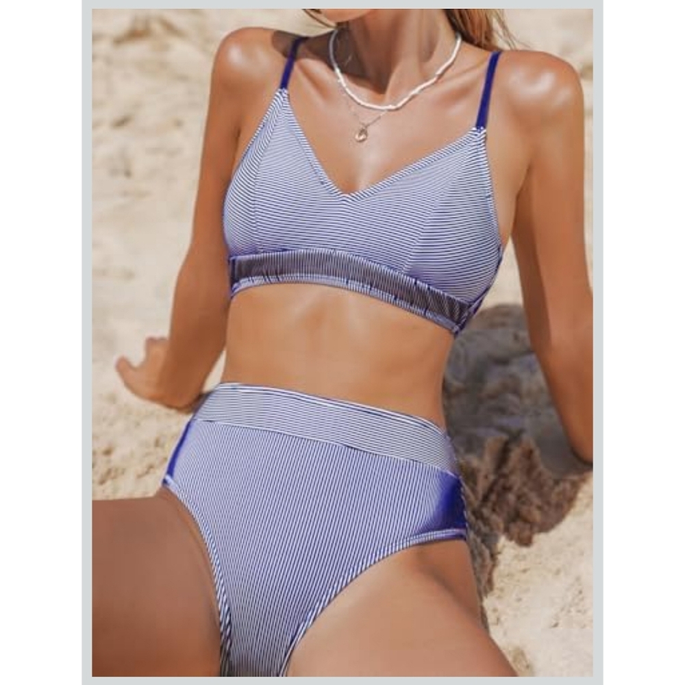 NWT Cupshe Blue Holographic V Two Piece Lace Bikini Swimsuit High Rise Bathing L - Picture 3 of 10